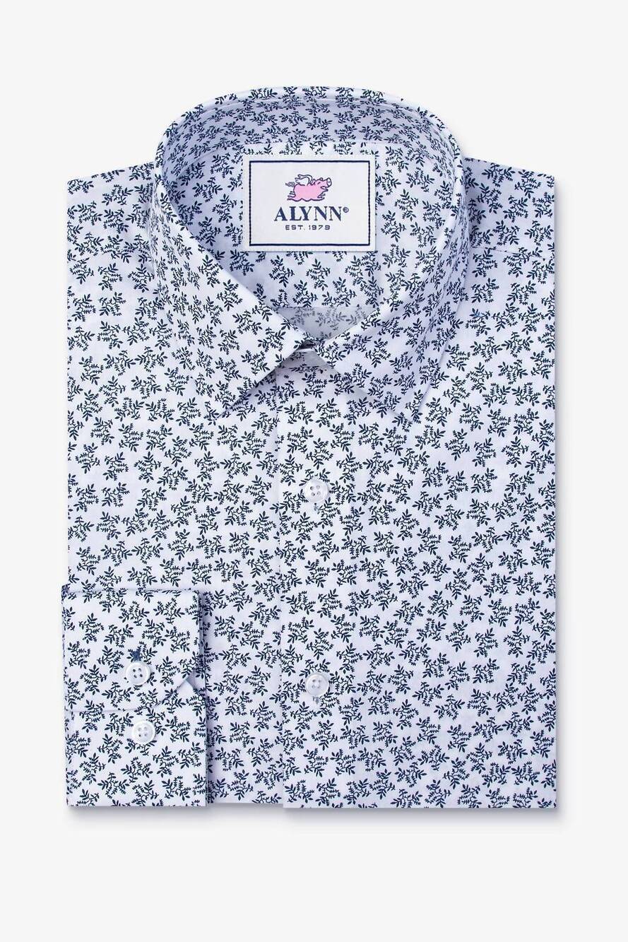 NEW ALYNN men's brooks floral untuckable dress shirt in blue/white
